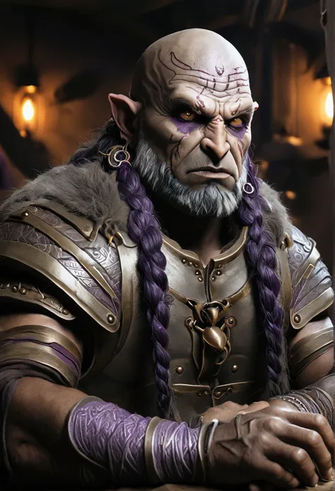 goliath com barba de pele cinza, with purple eyes, baldie, with tribal tattoos