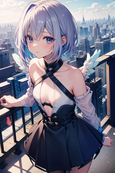 on top of a building、overlooking the city、a fleeting expression、short hair、small wings、shot from above、concept art、masterpiece、h...