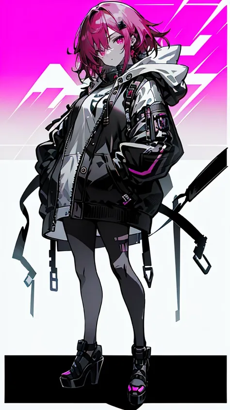 1 girl with red hair, pink eyes, cyberpunk style, hand in pocket, hoodie, pink starry background, black high heels