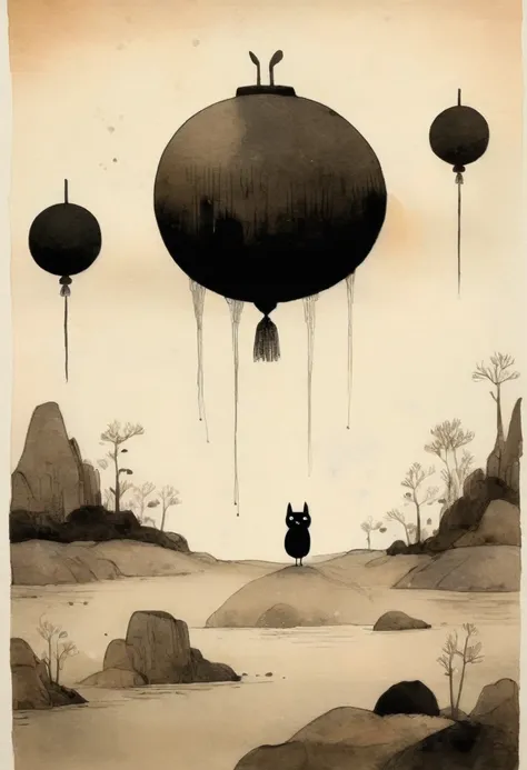 por Jon Klassen, Best Quality, Masterpiece, 8k, in black Chinese ink and touches of watercolor.
