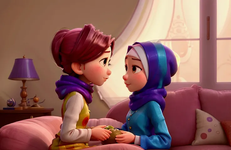 masterpiece, profile view,best quality,pixar: malay family, father,watching movies ,on the sofa, wearing home hijab and baju kurung,covered head, ,a moment of pure relaxation,swirly vibrant colors,soft, nnight lighting,smooth bokeh effect,oil painting styl...