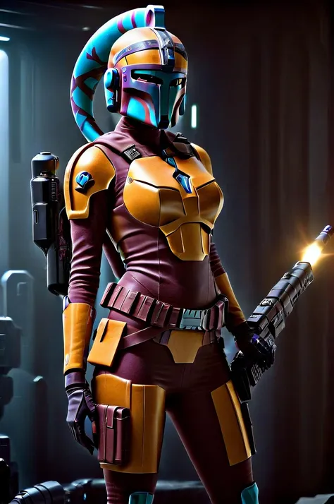 a ((female twi'lek ))mandalorian, detailed futuristic armor, intricate helmet, jetpack, blaster rifle, epic pose, dramatic light...