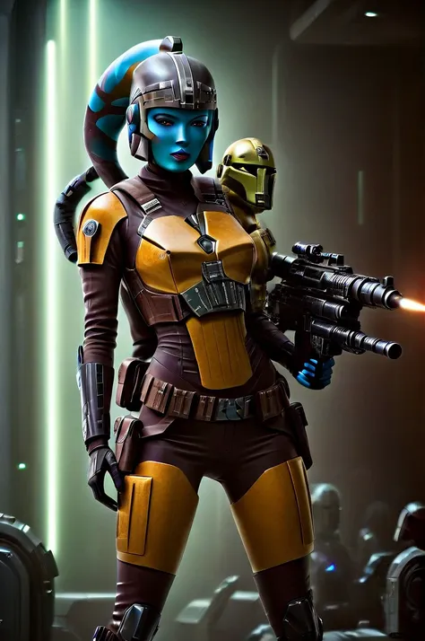 a ((female twi'lek ))mandalorian, detailed futuristic armor, intricate helmet, jetpack, blaster rifle, epic pose, dramatic light...