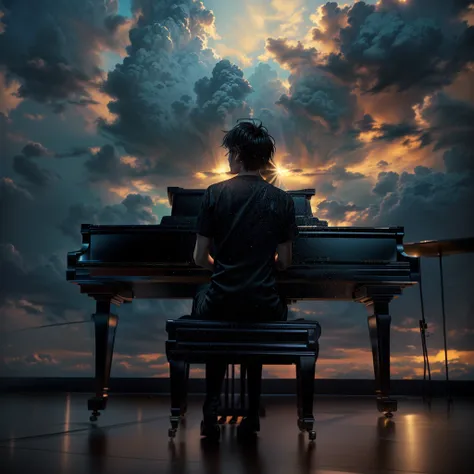 A man in his 50s sitting at a piano in front of a beautiful sky, pianist, Beautiful digital art, inspired by Michael Komarck, Great composition, Emotional concept art, Great composition, Surrounded by clouds and light, Shining Light, A masterpiece of brigh...