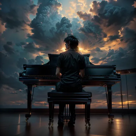 A man in his 50s sitting at a piano in front of a beautiful sky, pianist, Beautiful digital art, inspired by Michael Komarck, Great composition, Emotional concept art, Great composition, Surrounded by clouds and light, Shining Light, A masterpiece of brigh...