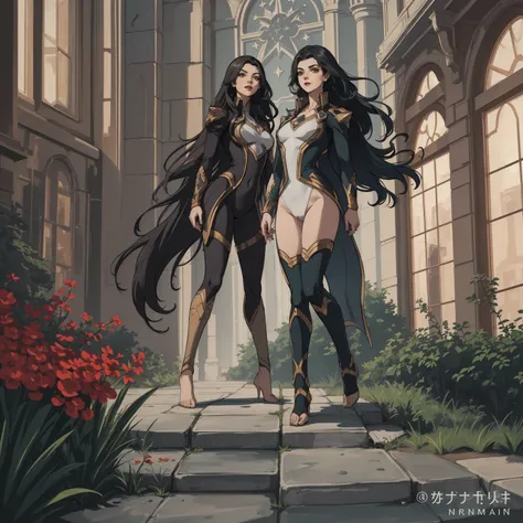 ((full body photo, standing, feet on the ground)) (Adriana Lima :1.1) 2girls, Red lips, green eyes, ((full body photo, standing, feet on the ground)) Wonder Woman stands imposingly in a city from Themyscira. The scenery is lush. The camera details everythi...