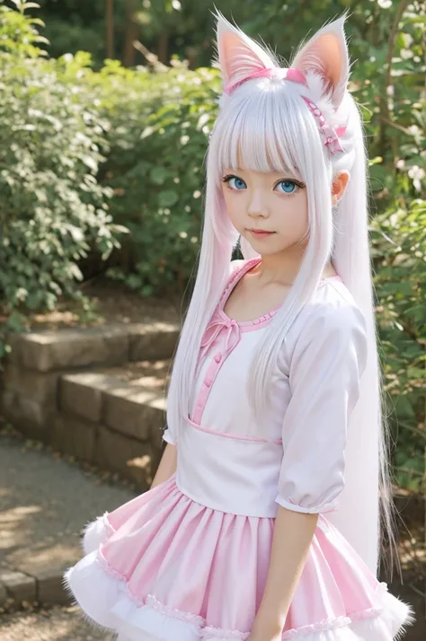 create a girl in genshin impact style with long white hair with white fur cat ears with blue eyes and a pink ballet dress