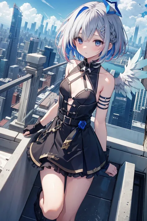 On top of a building、Overlooking the city、A fleeting expression、short hair、Small Wings、Shot from above、Concept Art、masterpiece、high resolution、Small breasts、Dynamic Angles