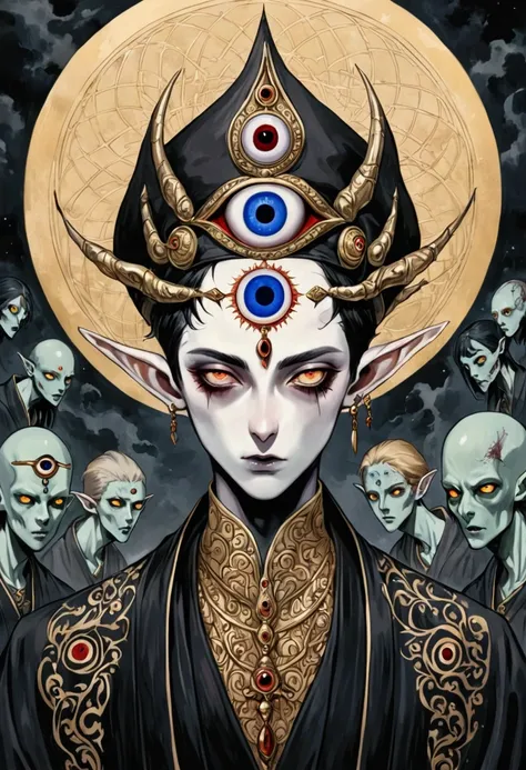 Gothic Dark Art，(((Zombie Master，short hair，独奏，third eye on the forehead，Elf ears))),(((robe：1.6，Eye Diagram，Dark Pattern))).(((hat)))，whole body，Death Stare Background。body movements