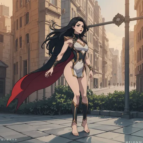 ((full body photo, standing, feet on the ground)) (Adriana Lima :1.1) 2girls, Red lips, green eyes, ((full body photo, standing, feet on the ground)) Wonder Woman stands imposingly in a city from Themyscira. The scenery is lush. The camera details everythi...