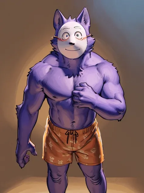 ((Best quality, masterpiece, detailed anatomy, detailed eyes, detailed hands, perfect lighting, perfect shading,)), by Meesh, by Bebebebebe, 1male, Kedamono, Wolf, purple furs, tight body, eyes, mask, skinny chub body, young body, shirtless, orange shorts,...