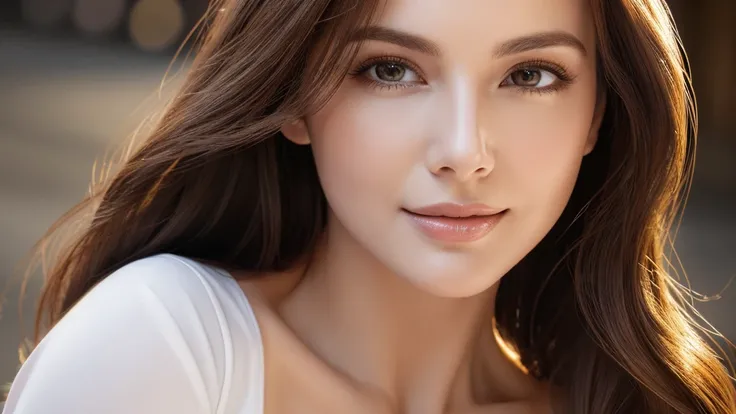 （best quality，High resolution，master piece：1.3），tall and beautiful woman，frontage，Long dark brown hair with loose waves,big breasts，V-neck white shirt，dark alley，Beautifully rendered facial and skin texture details，charming eyes，charming eyes，double eyelid