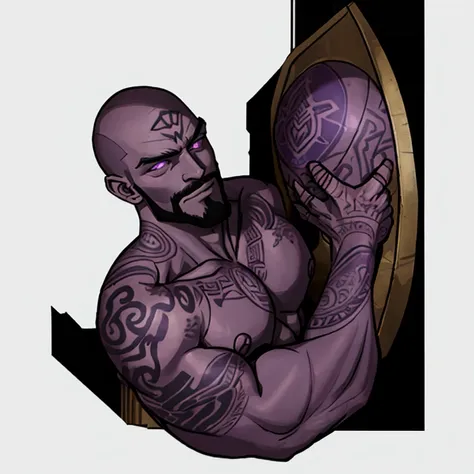 goliath com barba de pele cinza, with purple eyes, baldie, with tribal tattoos