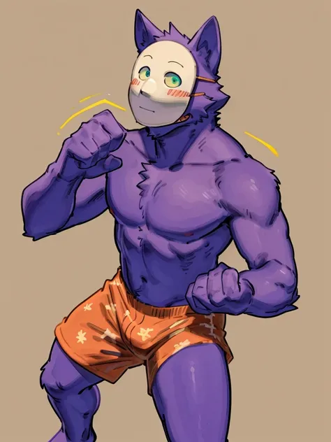 ((Best quality, masterpiece, detailed anatomy, detailed eyes, detailed hands, perfect lighting, perfect shading,)), by Buta99, by Meesh, 1male, Kedamono, Wolf, purple furs, tight body, eyes, mask, skinny chub body, young body, shirtless, orange shorts, bar...