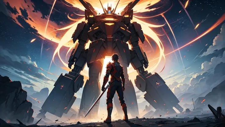 one  men , Fighting a giant robot ,destroyed cenario , sparks of fire , epic scenery , man with sword, black hole in the sky 