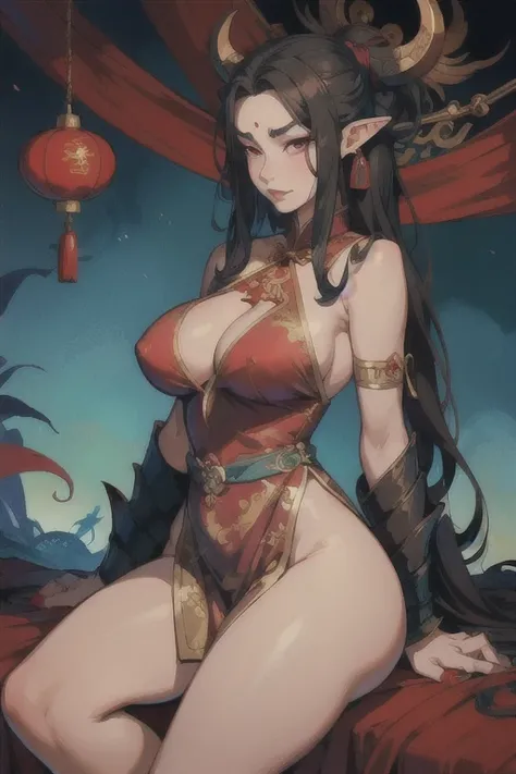 Dragon Princess Liu Qiyue,mature dragon woman,Chinese dragon horned,long silky black hair, pointy ears,Eyes red, thin lips,Round face,breasts big ((with neckline)), hourglass waist,big ass and shapely thighs,wearing a seductive red hunfa,holding chinese wa...