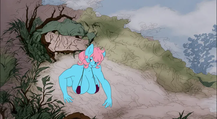 cartoon of a blue and pink creature hanging from a sign, don bluth animation, don bluth!!!, don bluth!!, production animation cel, disney 2d animation still, disney 2d traditional animation, inspired by Don Bluth, shaded animation cel, in style of disney a...