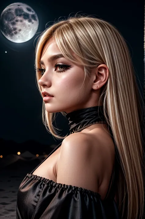 1woman, moon background, black dress, brown eyes, black eyeliner, white skin, intense blush, blonde hair, looking at viewer from side