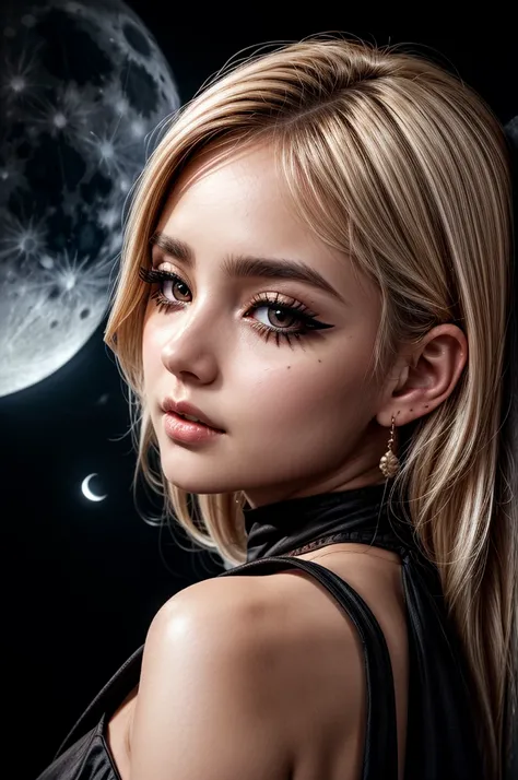 1woman, moon background, black dress, brown eyes, black eyeliner, white skin, intense blush, blonde hair, looking at viewer from side