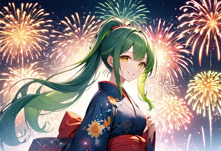 (Heart Shape, many:1.2 fireworks), (a ponytail green hair very long hair cute girl, lovely yellow eyes, love smile, medium:1.3 tits), (in a beautiful yukata with double exposure:1.2 of fireworks), BREAK, 16k, beautiful detailed silhouette.