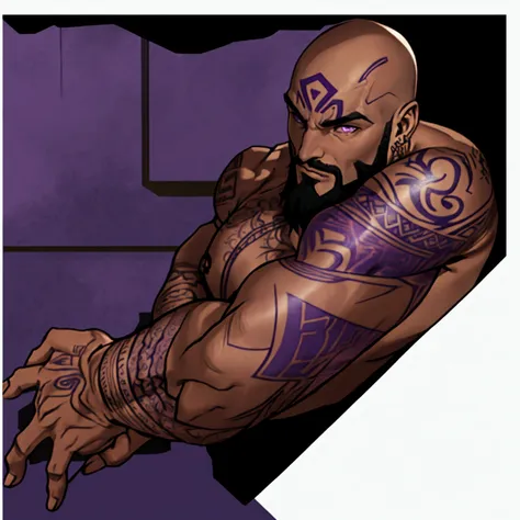 goliath com barba de pele cinza, with purple eyes, baldie, with tribal tattoos