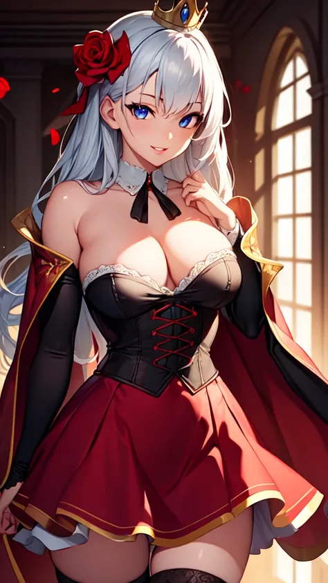 masterpiece, best quality, solo girl, silver hair, blue eyes, long hair, medium breasts, sexy body and face, wavy hair, smile, parted lips, red lips, ribbon, crown of thorns, thorns, (red cape, dress flower), detached sleeves, hair flower, hair ornament, l...