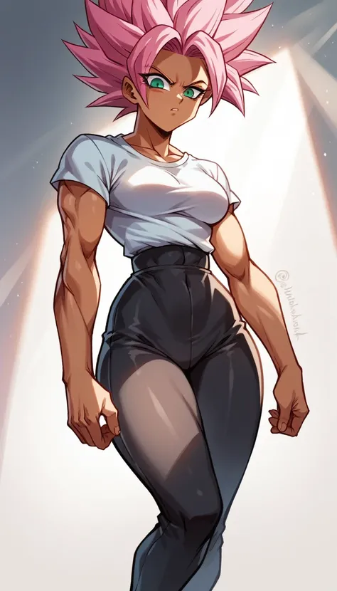 a girl, Saiyan, dark and strong super saiyan pink hair, super saiyan pink, spiky, green eyes, defined muscles, thin waist, wide hips, dark skin, medium breasts, tight clothes, white t-shirt, black pants, pink rays around , black rays all around
