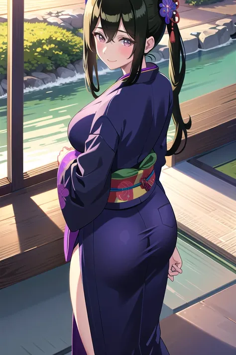 (masterpiece:1.3),(highly detailed:1.3),(highres:1.1),best quality,Ultra-detail,1girl,solo,jelochie,japanese clothes,purple kimono,ass peek,looking at viewer,smile,