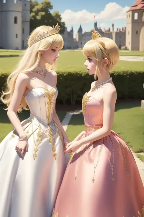 two blonde princesses, one with short hair and the other with long hair, both wearing crystal and gold tiaras, wearing medieval ...