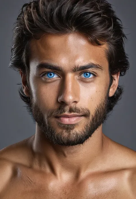 man, 25 years old, very hairy, (blue eyes), tan skin, handsome, no shirt, hairy chest, from Libia, FUJIFILM, cinematography, 16k, uhd, in a studio