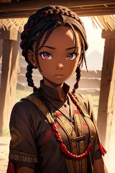 african girl , short braided hair , Eyes red, warrior clothing