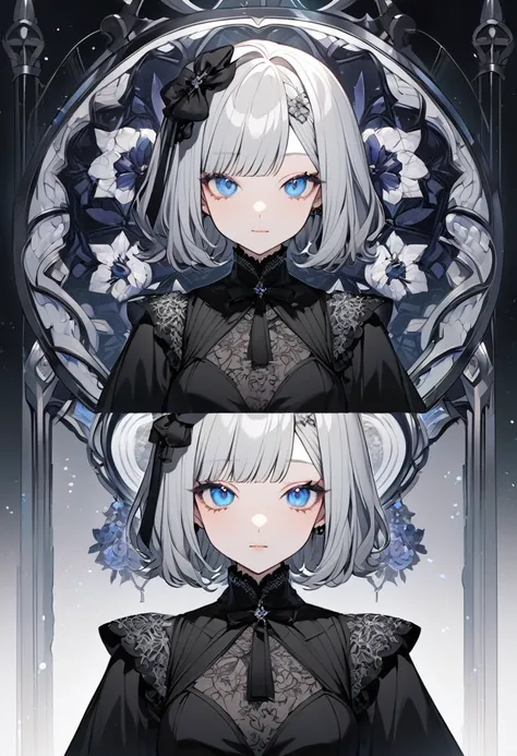 The person in the image appears to be a VTuber, an online content creator using a virtual avatar. Here are the features, including the clothing: Hair: The VTuber has short, silver hair with bangs. The hair is styled in a short bob cut with black bows on ea...