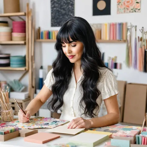 Woman with long, wavy, black hair and short bangs, works with handmade stationery, personalized products and wants to promote her work. She is in her production studio. She shows some of her work.