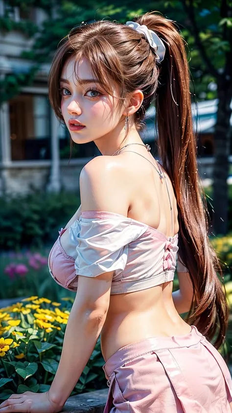 ((Highest quality, 8k, masterpiece :1.3)), (Sharp focus :1.2, Beautiful woman with perfect figure :1.4, Slim Abs), ((Big Breasts, Emphasize cleavage, The underboob is visible:1.3)), (Photorealistic:1.4), (realistic:1.4), (Ponytail Hair, Light brown hair:1....