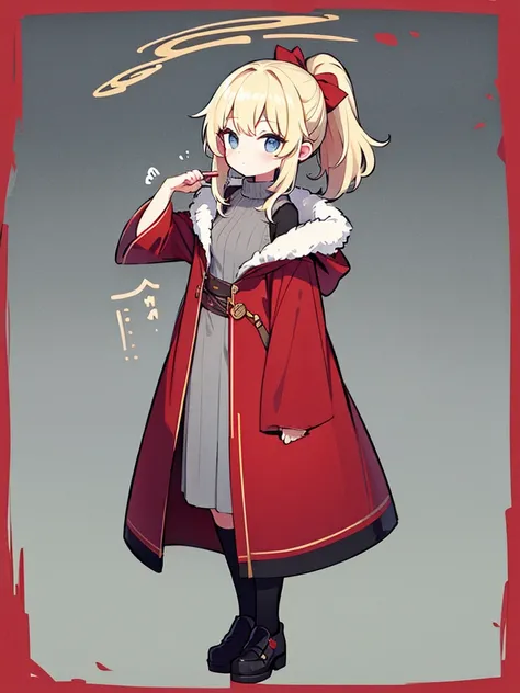 Full-body portrait、Fluffy hair、Blonde、Short ponytail、Grey sweater、Red cloak