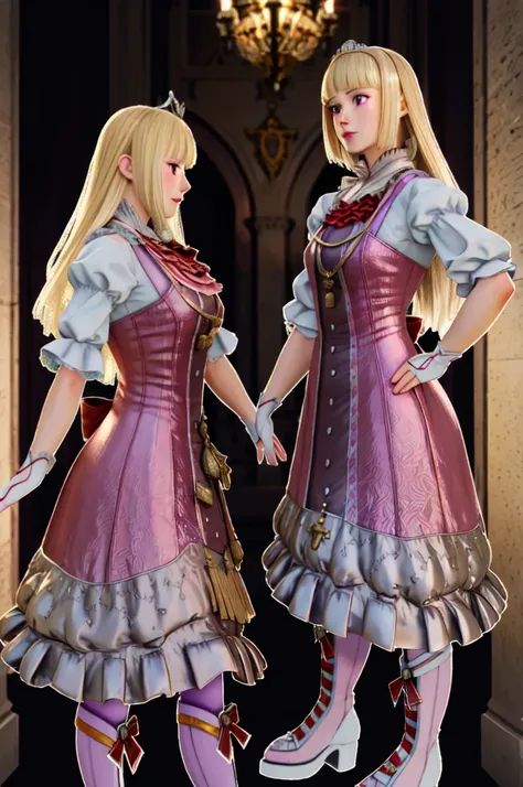 two blonde princesses, one with short hair and the other with long hair, both wearing crystal and gold tiaras, wearing medieval ...