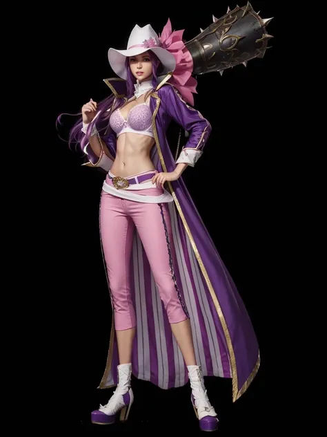 A beautiful woman with perfect body, with bra, with pink pants, with white hat on head, with a purple cape on the back, holding in one hand a club of thorns.