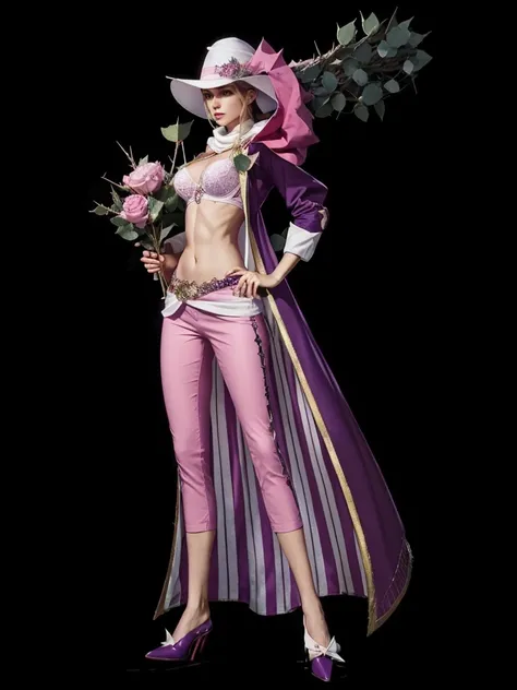 A beautiful woman with perfect body, with bra, with pink pants, with white hat on head, with a purple cape on the back, holding in one hand a club of thorns.