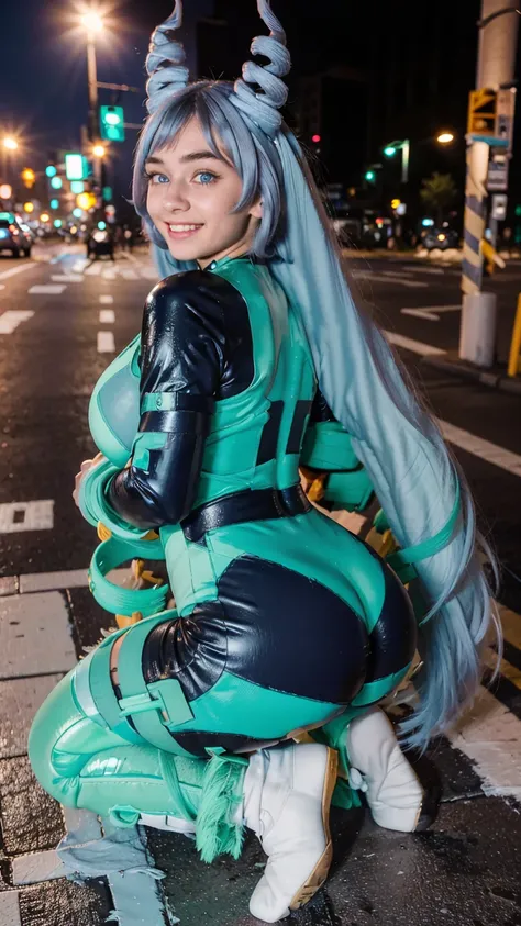 Masterpiece, Best quality, (photorealistic1.4), (UHD), (big breast), (flashphoto), (flash photography), (cleavage), (European model), (young woman), (JenniferConnelly90), (Tokyo Street), (epiCRealLife:1.0), (night time), (Nejire latex bodysuit), 1girl, sol...