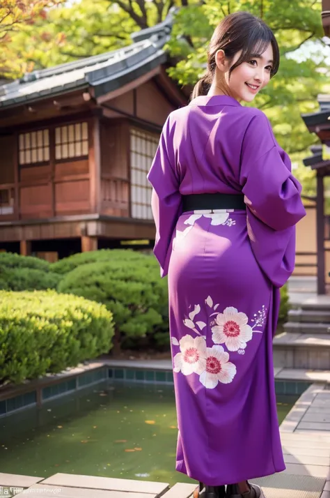 (masterpiece:1.3),(highly detailed:1.3),(highres:1.1),best quality,Ultra-detail,1girl,solo,jelochie,japanese clothes,purple kimono,ass peek,looking at viewer,smile,