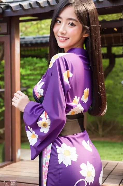 (masterpiece:1.3),(highly detailed:1.3),(highres:1.1),best quality,Ultra-detail,1girl,solo,jelochie,japanese clothes,purple kimono,ass peek,looking at viewer,smile,