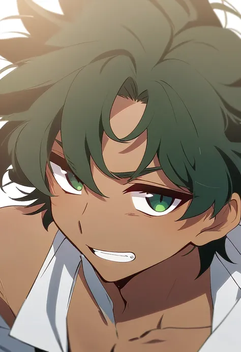 Young Scottish Male, messy dark green hair and tan skin. Anime style. 