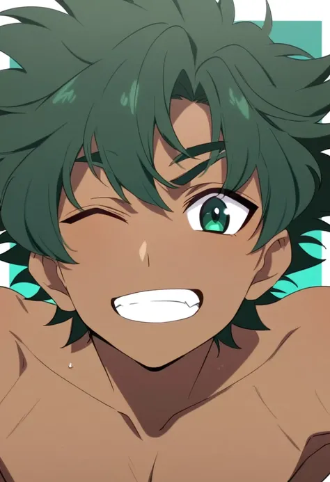 Young Scottish Male, messy dark green hair and tan skin. Anime style. 