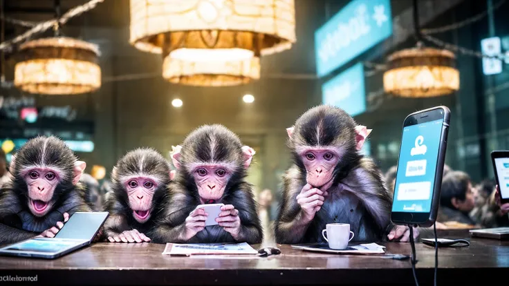 Create an illustration depicting a swarm of monkeys using social media to cyberbully. Draw a group of monkeys with smart phones, tablets, or smartphones typing furiously or posting negative comments. Some of the monkeys should have angry or malicious expre...