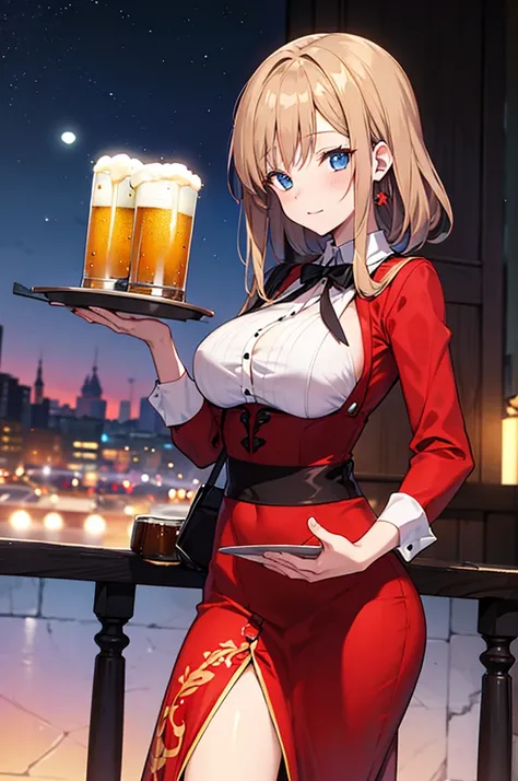 Female bartender Bart medieval anime holds in her hands a tray with large beers, at night