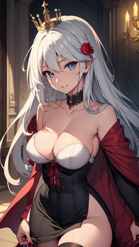 masterpiece, best quality, solo girl, silver hair, blue eyes, long hair, medium breasts, sexy body and face, wavy hair, smile, parted lips, red lips, ribbon, crown of thorns, thorns, (red cape, dress flower), detached sleeves, hair flower, hair ornament, l...