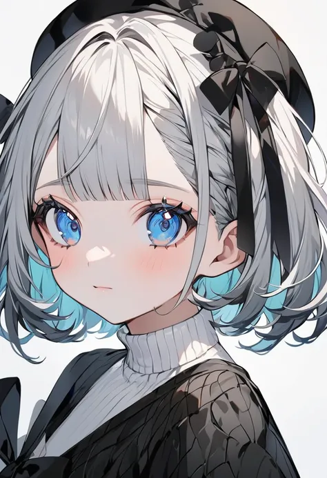 The person in the image appears to be a VTuber, an online content creator who uses virtual avatars. Her features, including her clothing, are as follows: Hair: Short silver hair with bangs. Short bob with black ribbons on both sides. Eyes: Large blue eyes ...