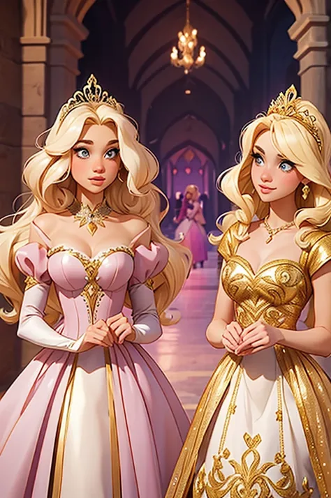 Two blonde princesses, one with short hair and the other with long hair, both wearing crystal and gold tiaras, wearing medieval dresses, royal dresses, pink and white dresses, wearing a 