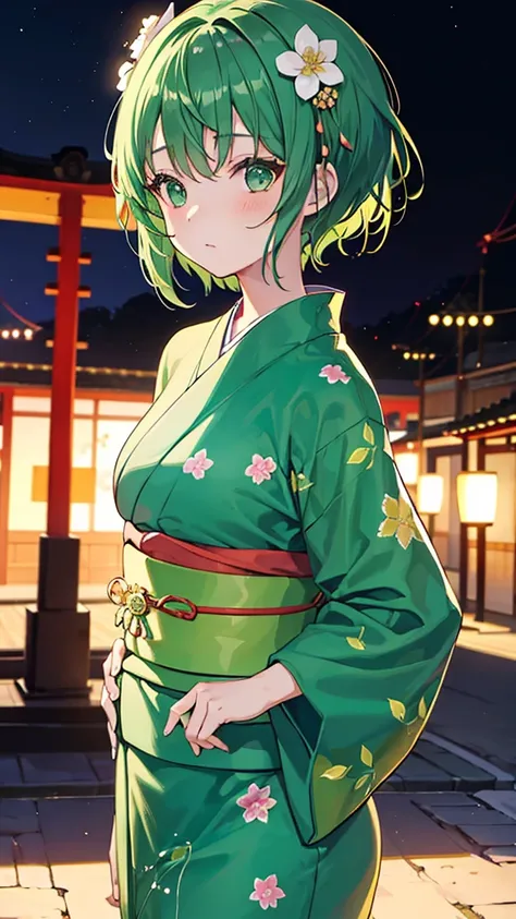 a girl with short hair, green hair, a flower in her hair, dressed in yukata, night Japanese festival background, festival lights, cinematic lighting, high definition.