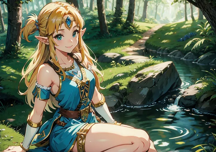 Princess Zelda, showing big ass, half naked, forest background. Smiling.